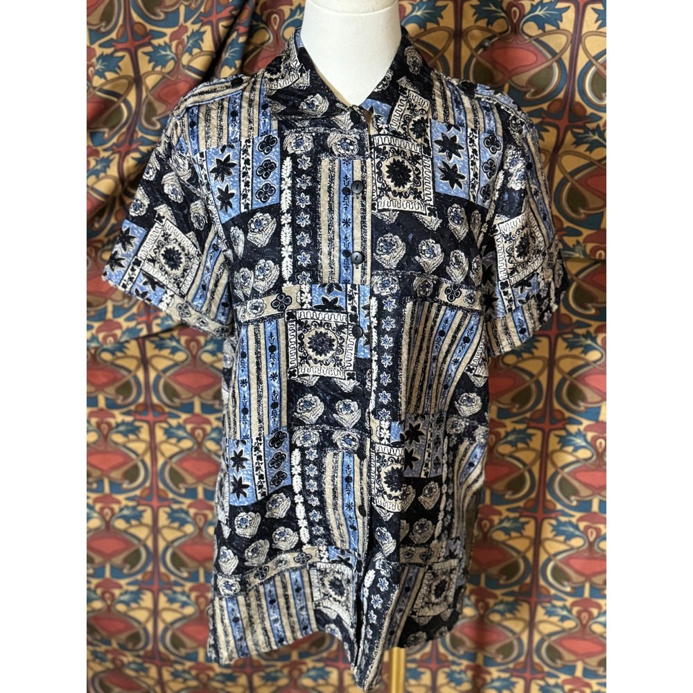 Anna and Frank Silk Button Down Shirt Patterned Short Sleeve Medium